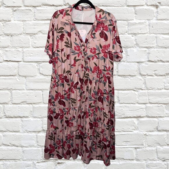 Size 3X Ritera Pockets Button Up Floral Polo Neck Shirred Midi Dress NWT - Picture 3 of 10